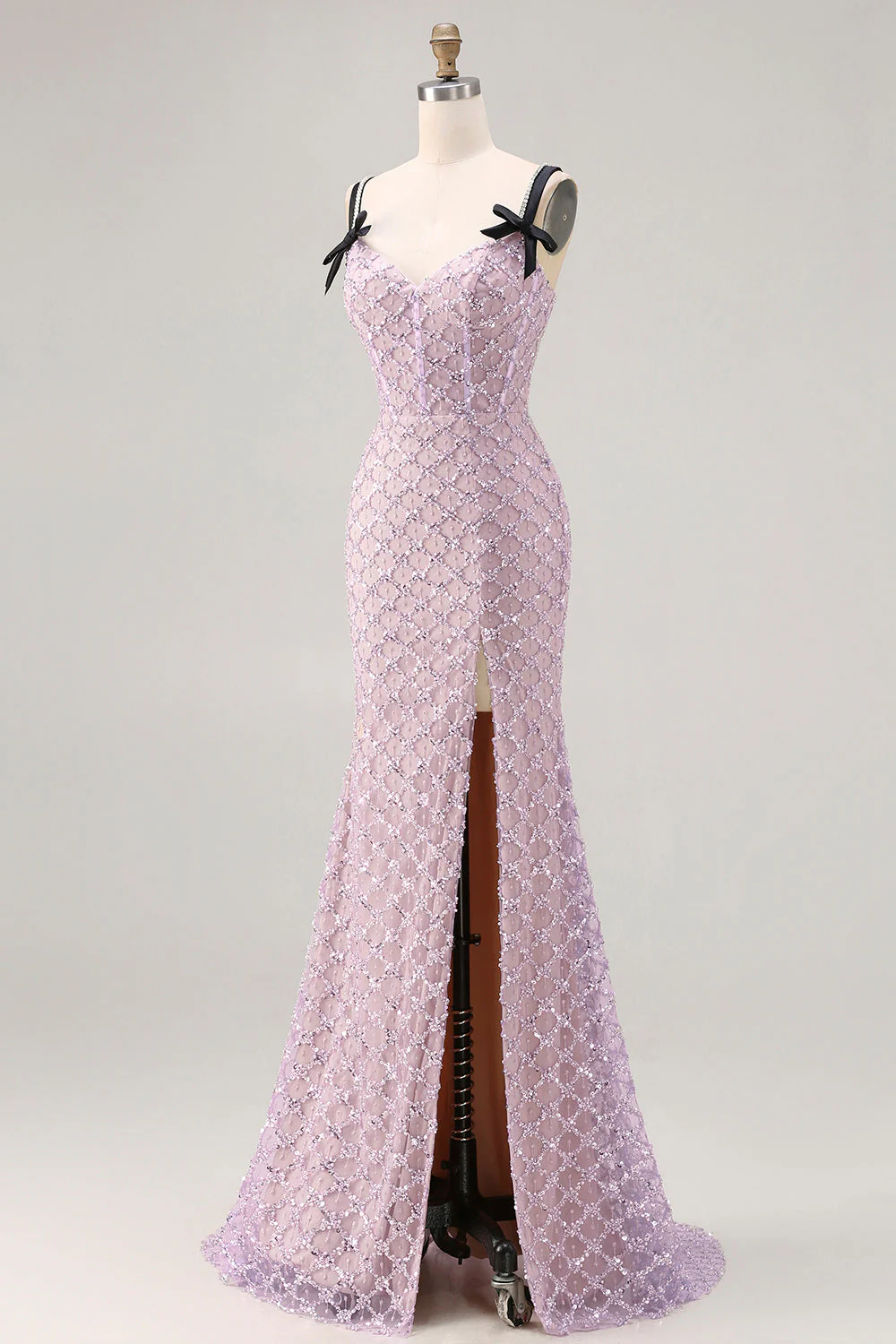 Lilac Mermaid Beaded Corset Sequin Long Prom Dress with Slit - Image 3