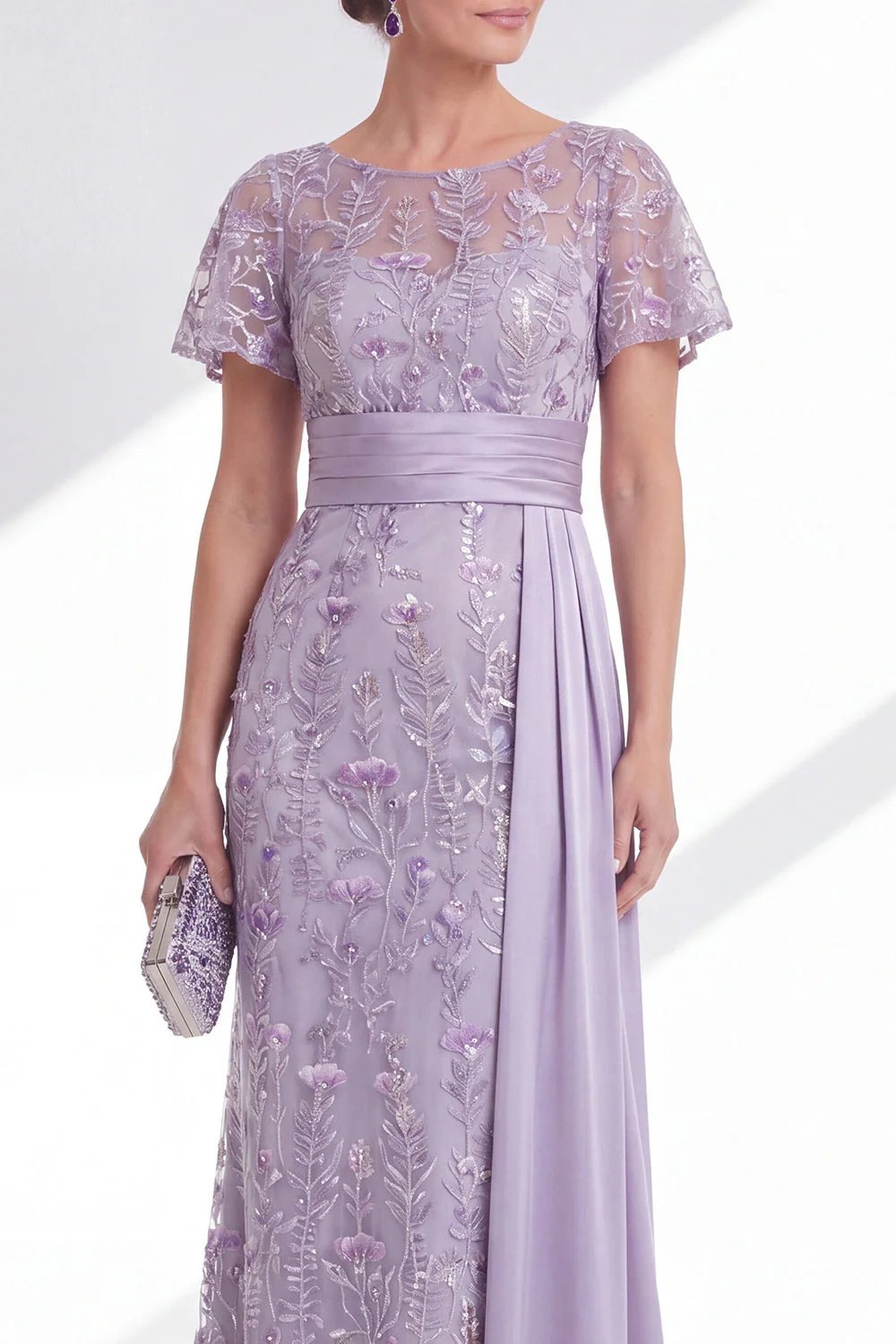 Lilac Sheath Round Neck Floral Long Mother Of the Bride Dress - Image 3