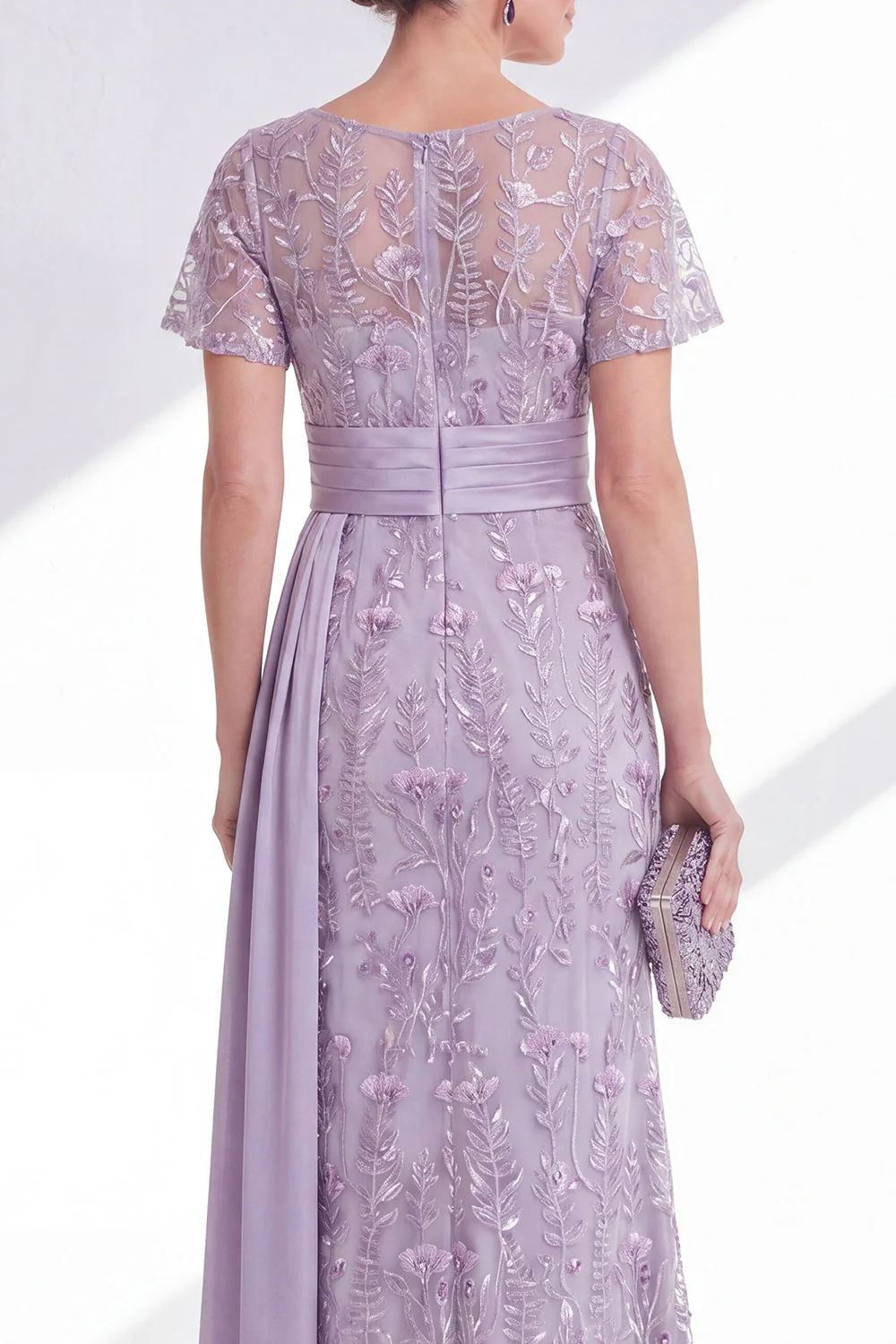 Lilac Sheath Round Neck Floral Long Mother Of the Bride Dress - Image 4