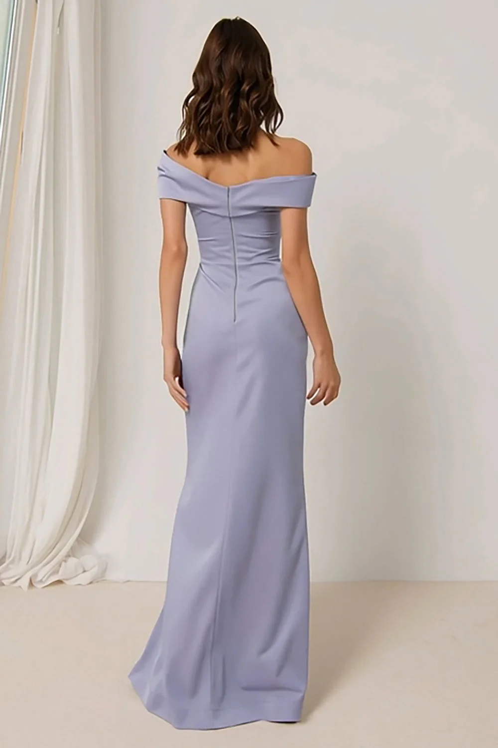 Lilac Off the Shoulder Ruched Sheath Long Bridesmaid Dress - Image 2