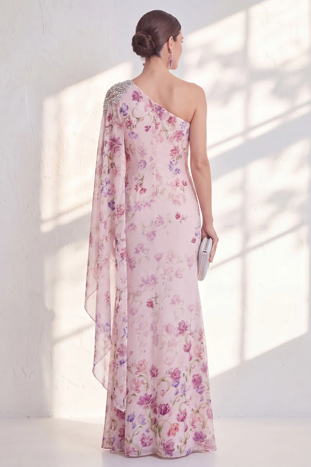One Shoulder Lilac Chiffon Floral Mermaid Long Mother Of the Bride Dress with Side Cape - Image 2