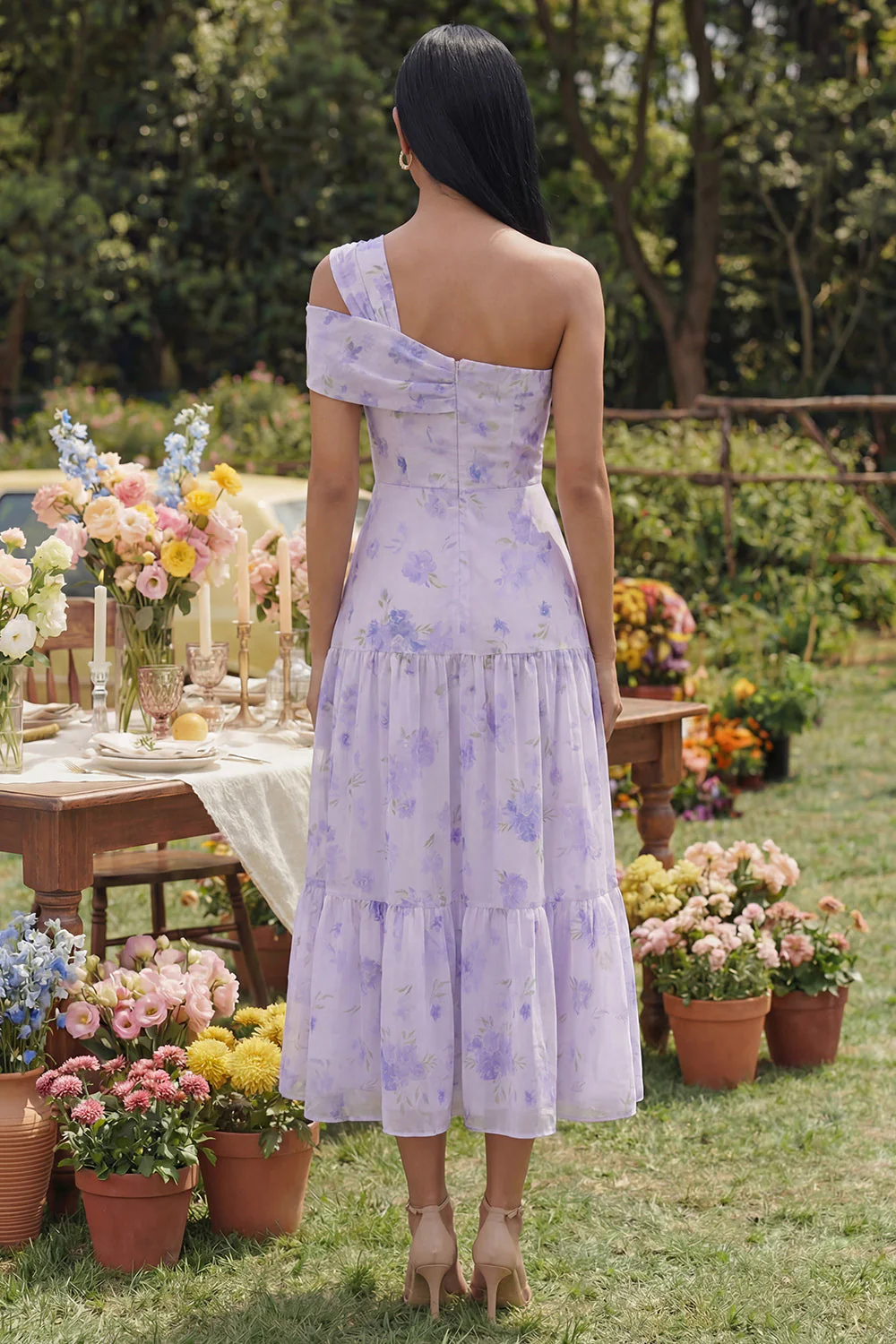 One Shoulder Lilac  A Line PrintedMidi Dress with Ruffles - Image 2