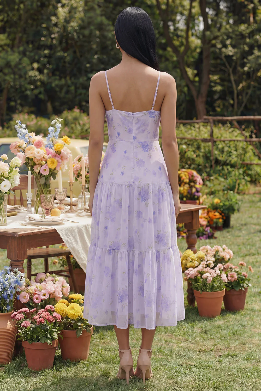 Lilac Printed Spaghetti Straps A Line Midi Dress with Ruffles - Image 2