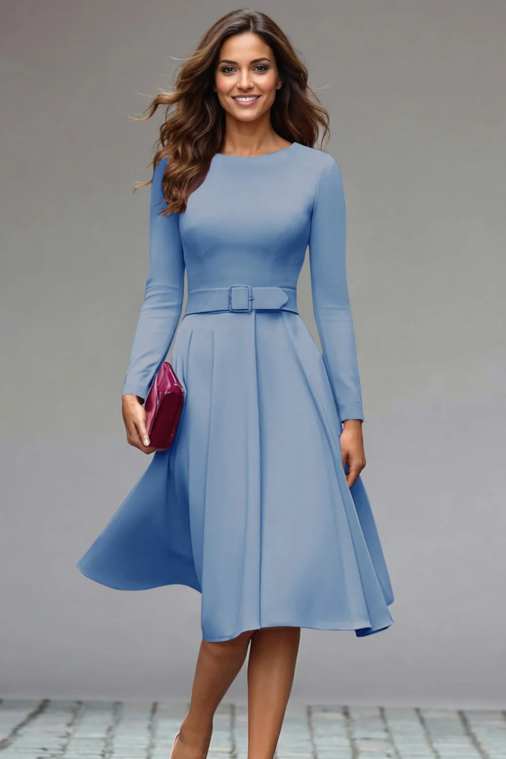 Lilac Round Neck A Line Midi Work Dress with Belt - Image 10