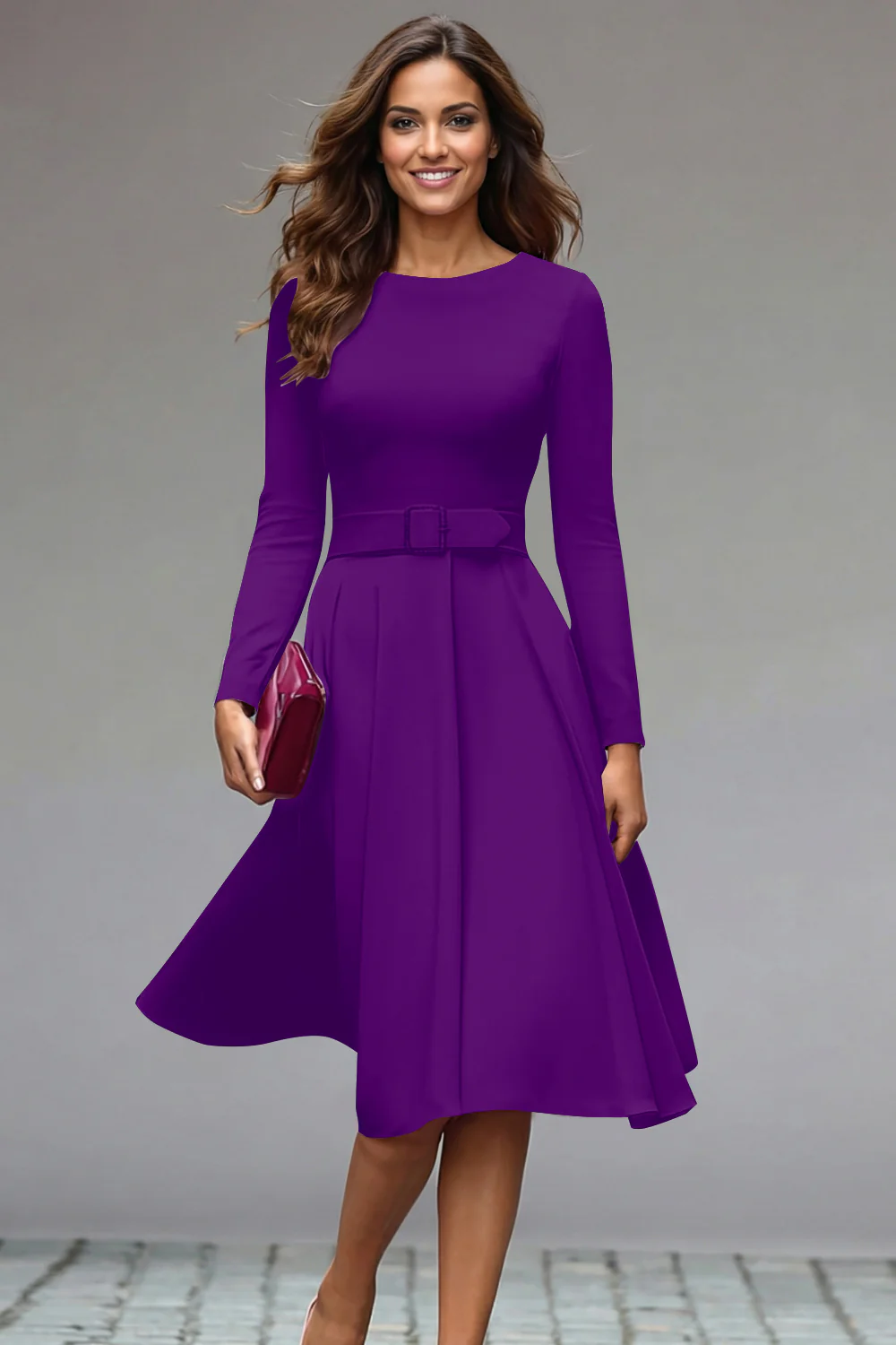 Lilac Round Neck A Line Midi Work Dress with Belt - Image 11