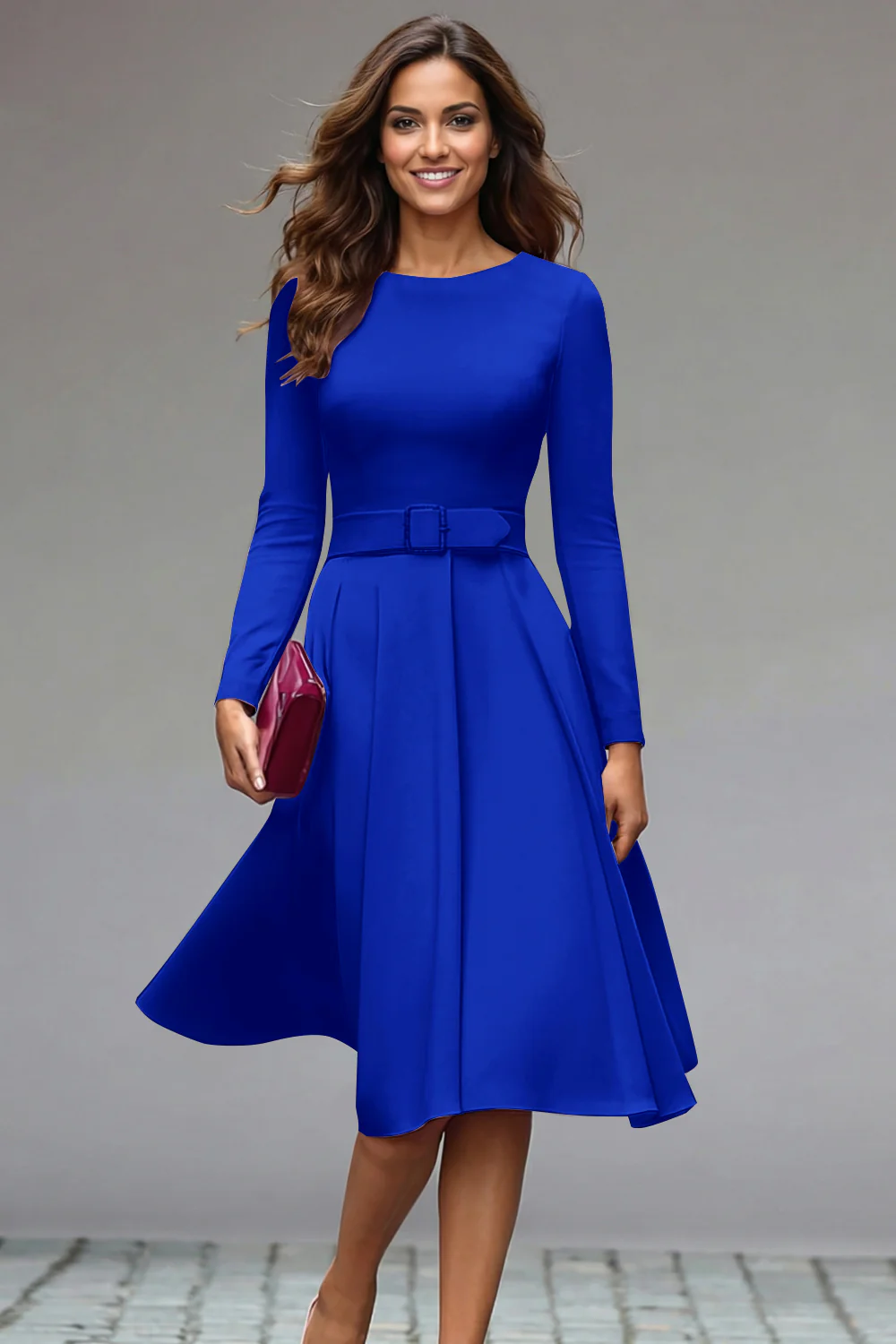 Lilac Round Neck A Line Midi Work Dress with Belt - Image 12