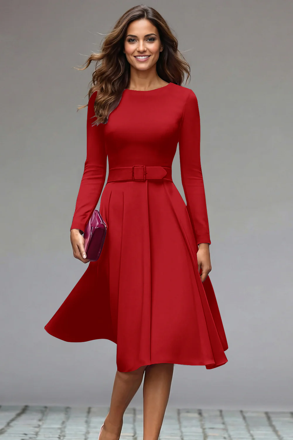 Lilac Round Neck A Line Midi Work Dress with Belt - Image 13