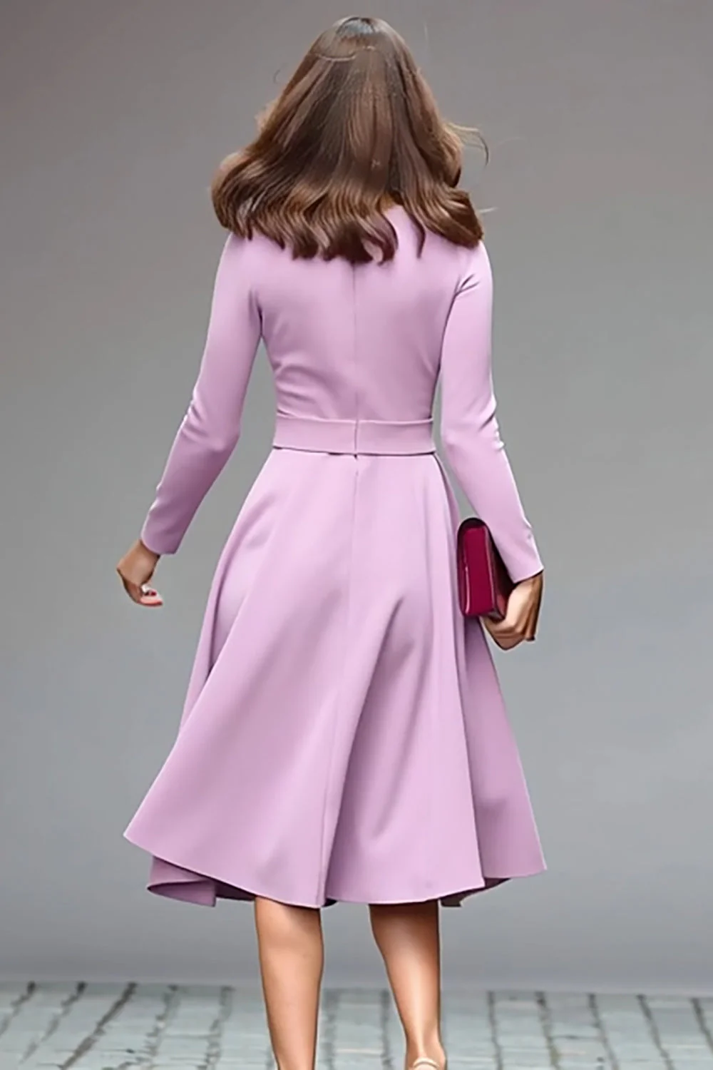 Lilac Round Neck A Line Midi Work Dress with Belt - Image 2