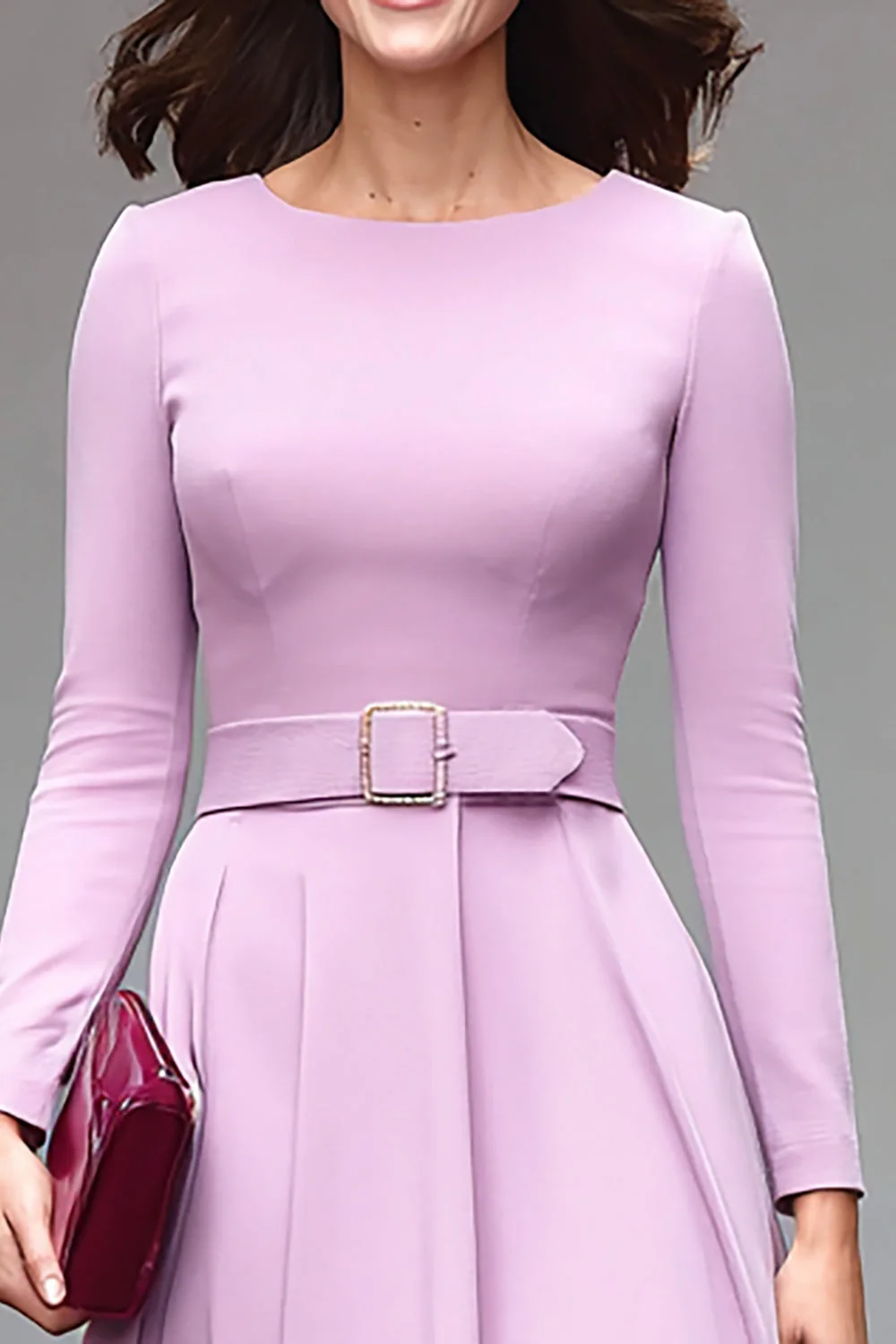 Lilac Round Neck A Line Midi Work Dress with Belt - Image 3