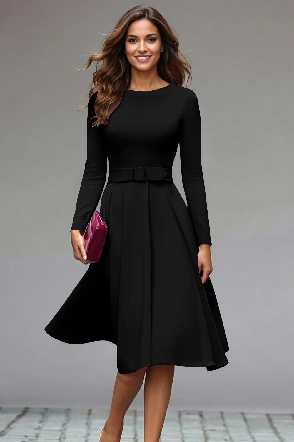 Lilac Round Neck A Line Midi Work Dress with Belt - Image 5