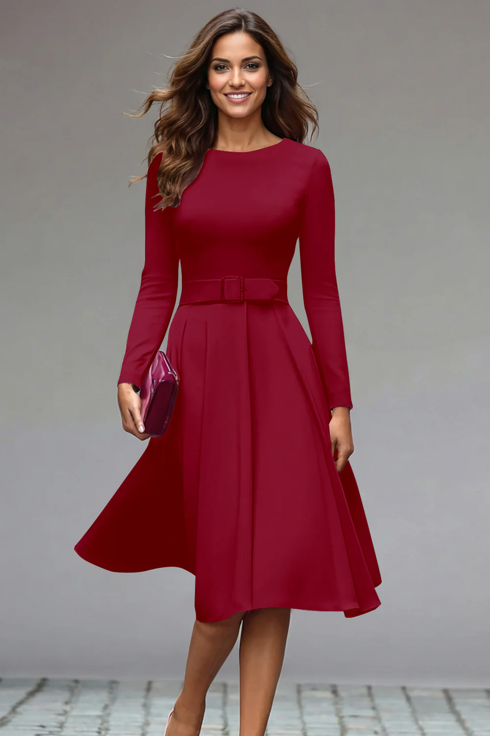 Lilac Round Neck A Line Midi Work Dress with Belt - Image 6