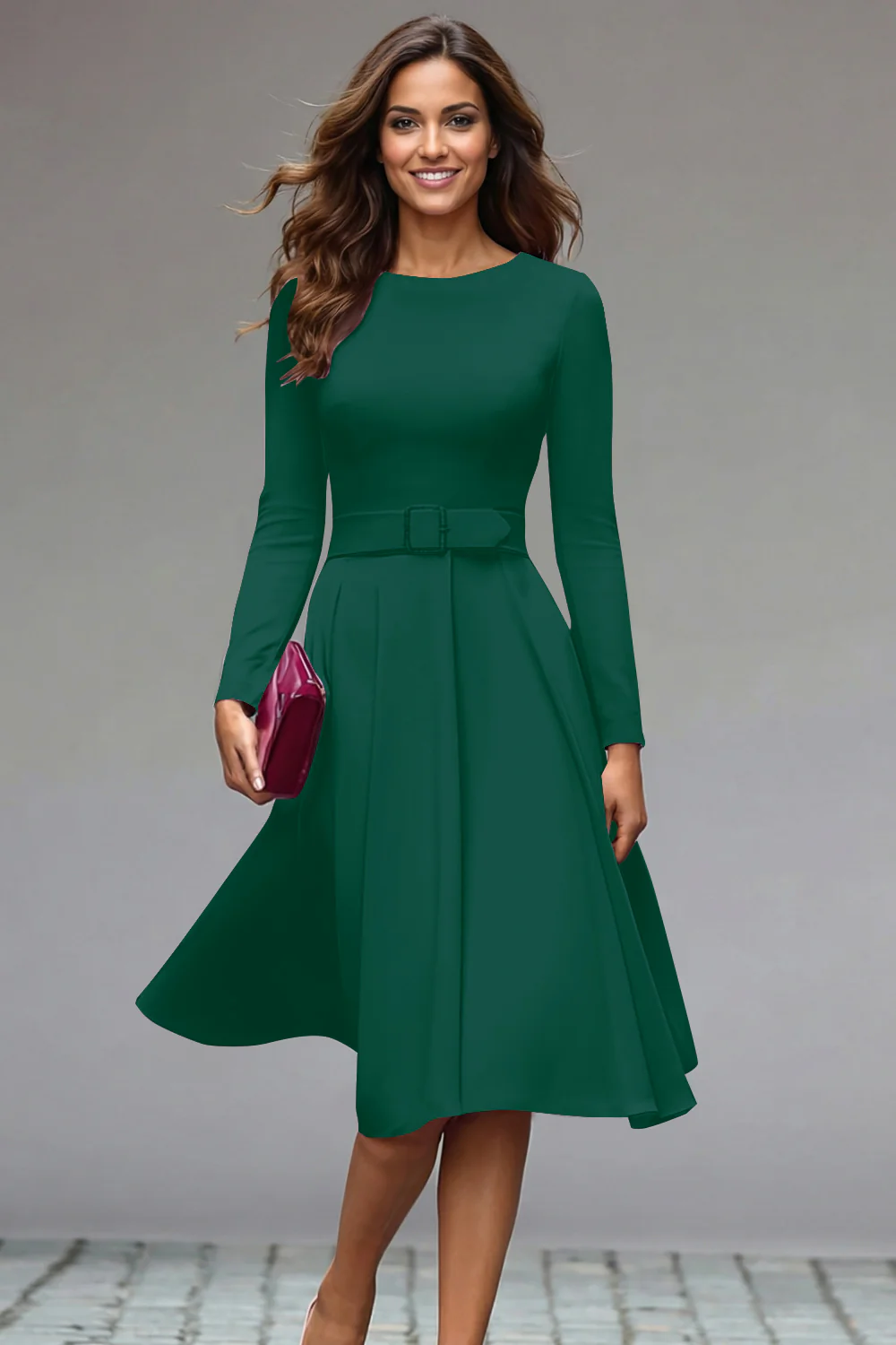 Lilac Round Neck A Line Midi Work Dress with Belt - Image 7