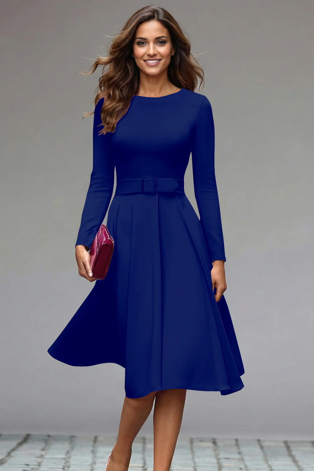 Lilac Round Neck A Line Midi Work Dress with Belt - Image 8