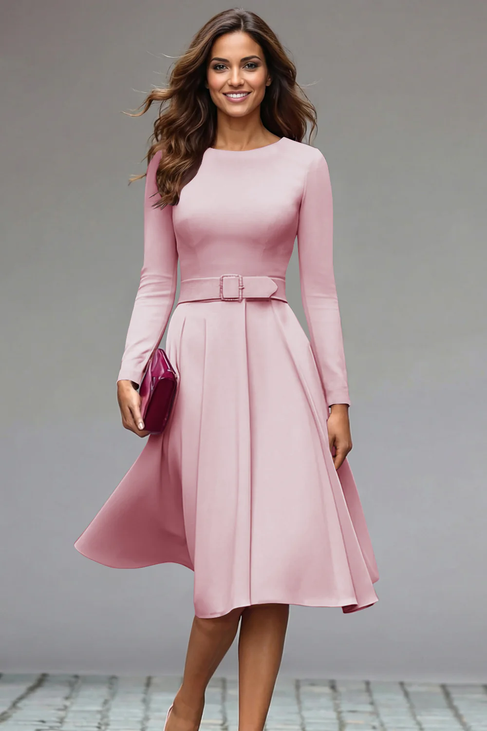Lilac Round Neck A Line Midi Work Dress with Belt - Image 9
