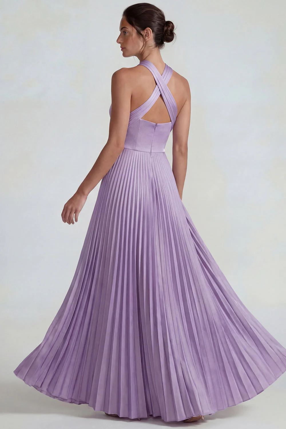 Lilac A Line Pleated Halter Satin Long Evening Dress - Image 2