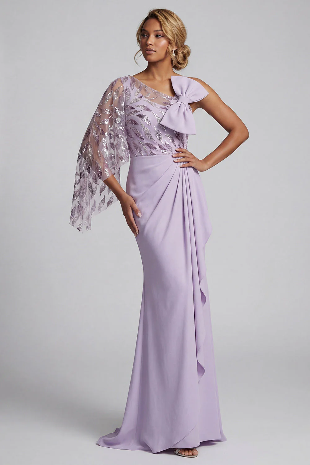 Lilac Sequin Mermaid One Shoulder Mother of the Bride Dress with Cape - Image 3