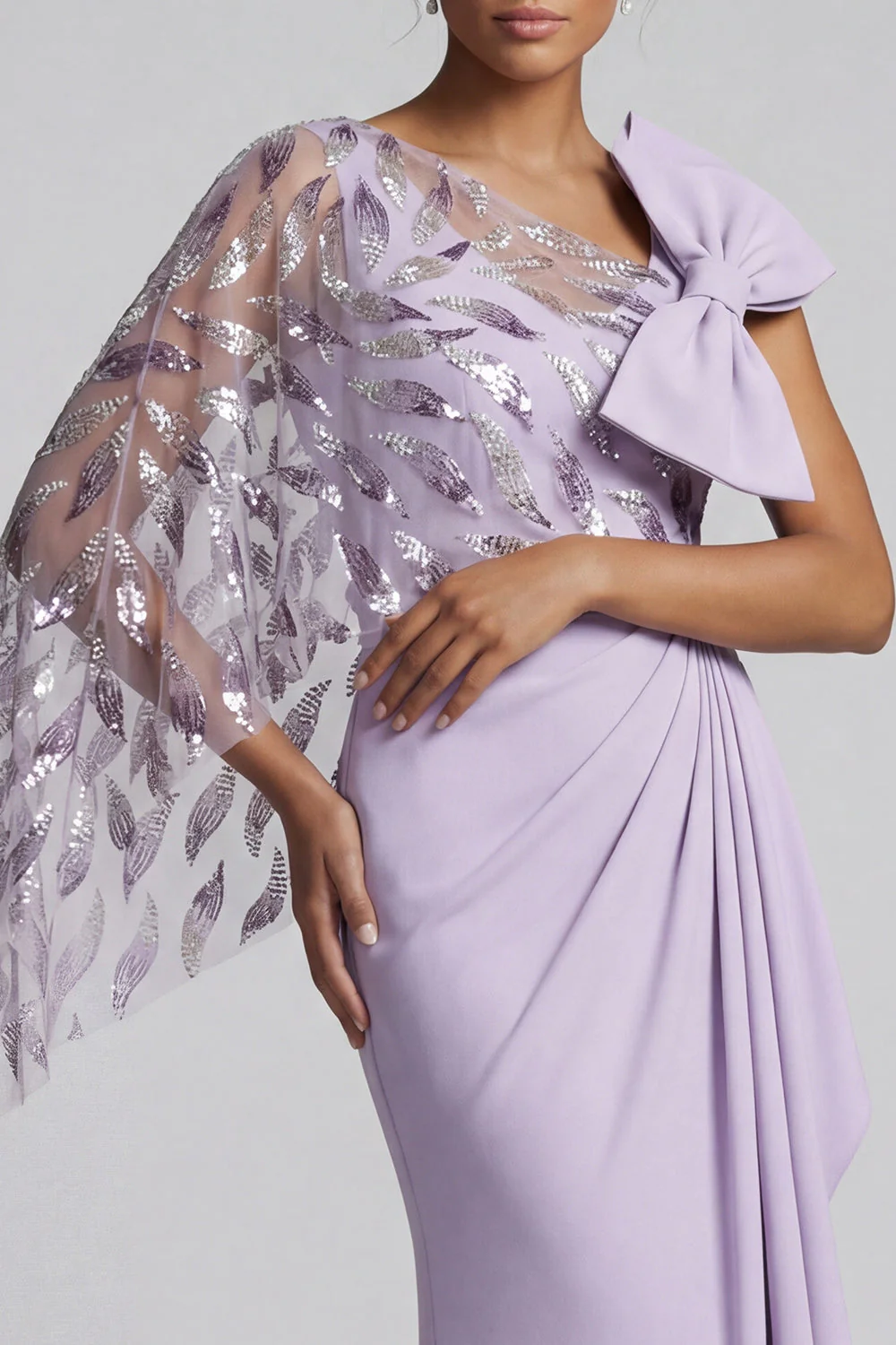 Lilac Sequin Mermaid One Shoulder Mother of the Bride Dress with Cape - Image 4