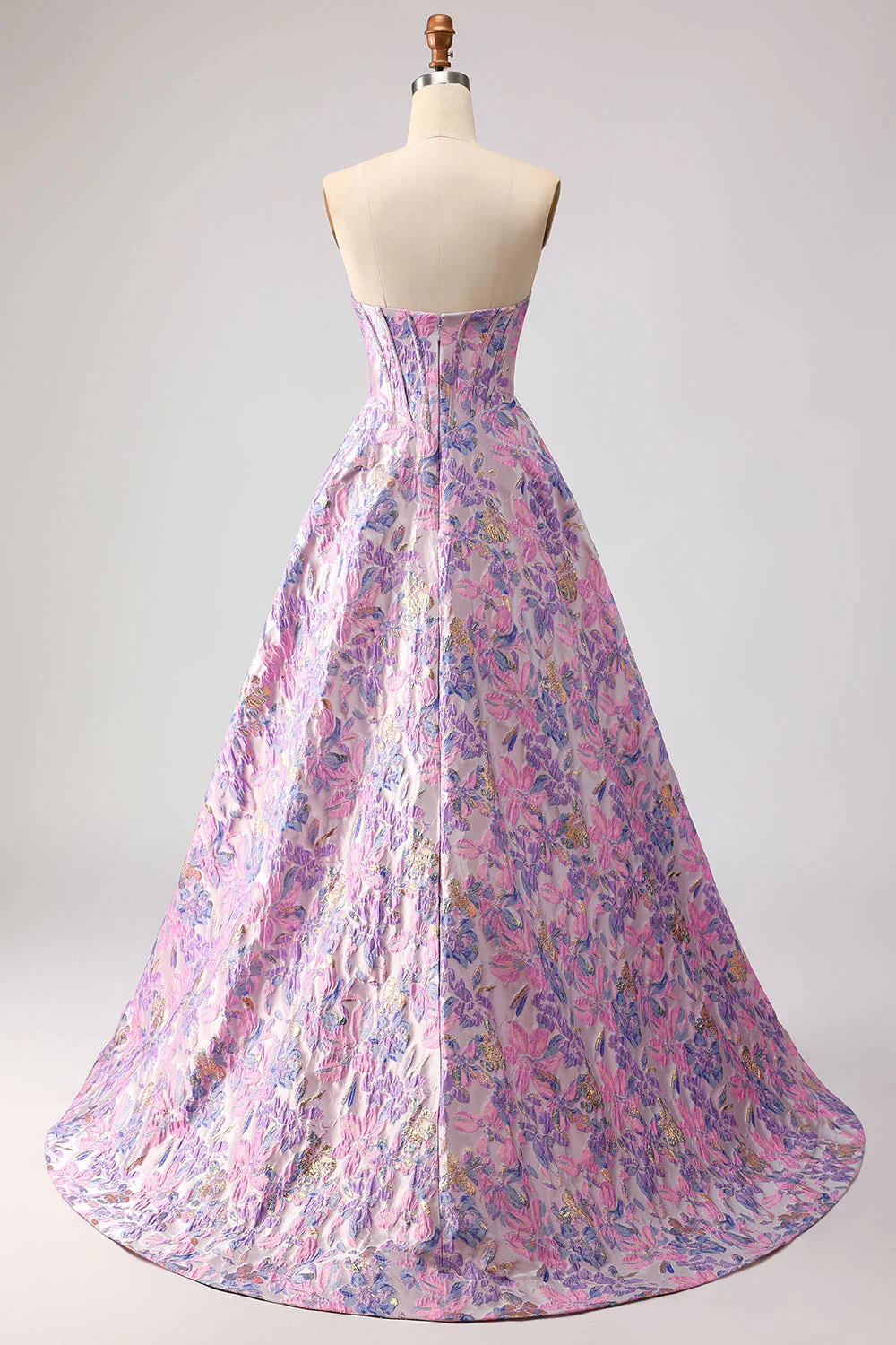 Lilac Strapless A-Line Satin Corset Jacquard Brocade Long Prom Dress - Image 2