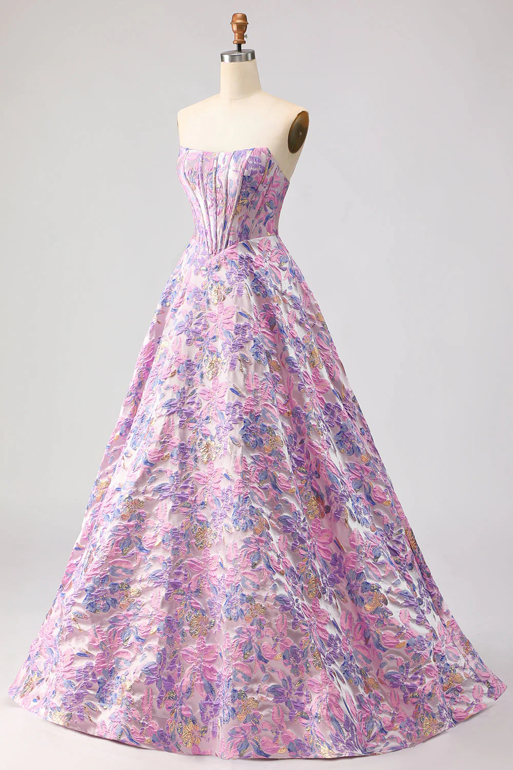 Lilac Strapless A-Line Satin Corset Jacquard Brocade Long Prom Dress - Image 3