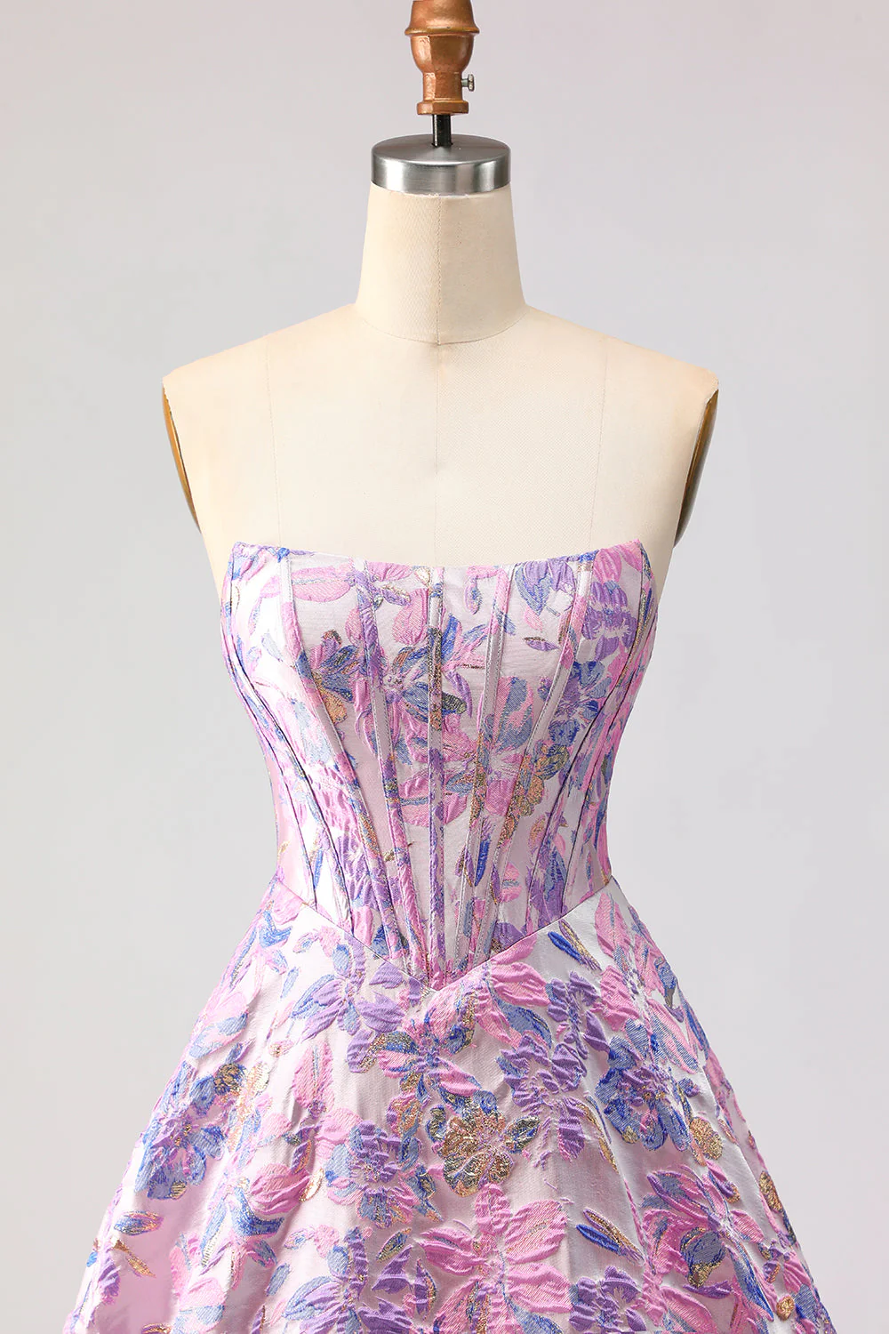Lilac Strapless A-Line Satin Corset Jacquard Brocade Long Prom Dress - Image 4