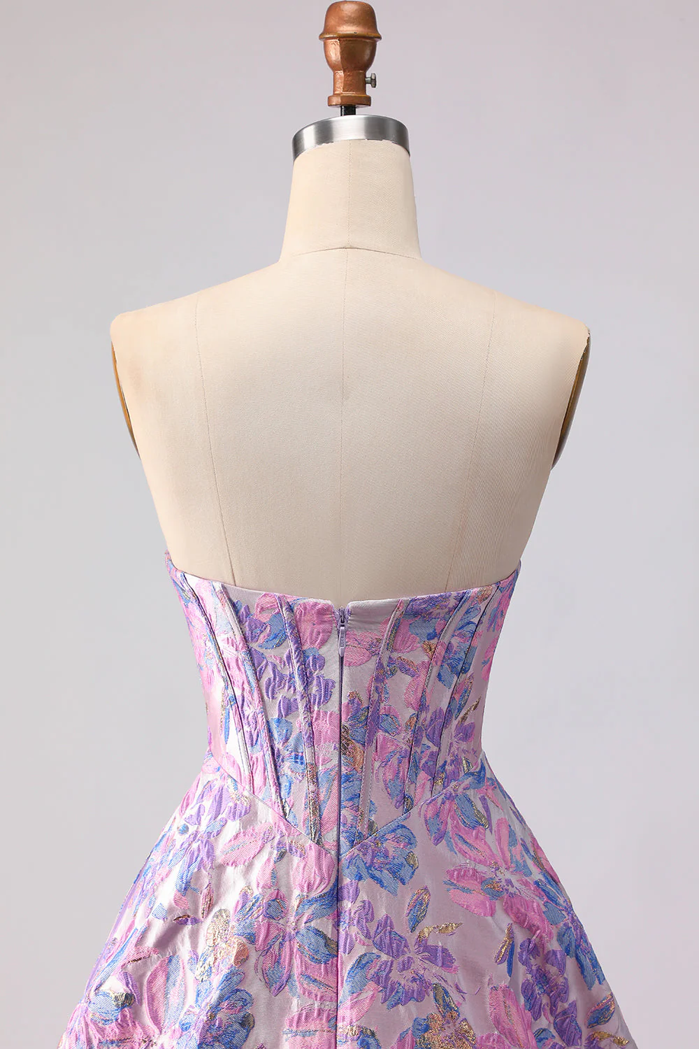Lilac Strapless A-Line Satin Corset Jacquard Brocade Long Prom Dress - Image 5