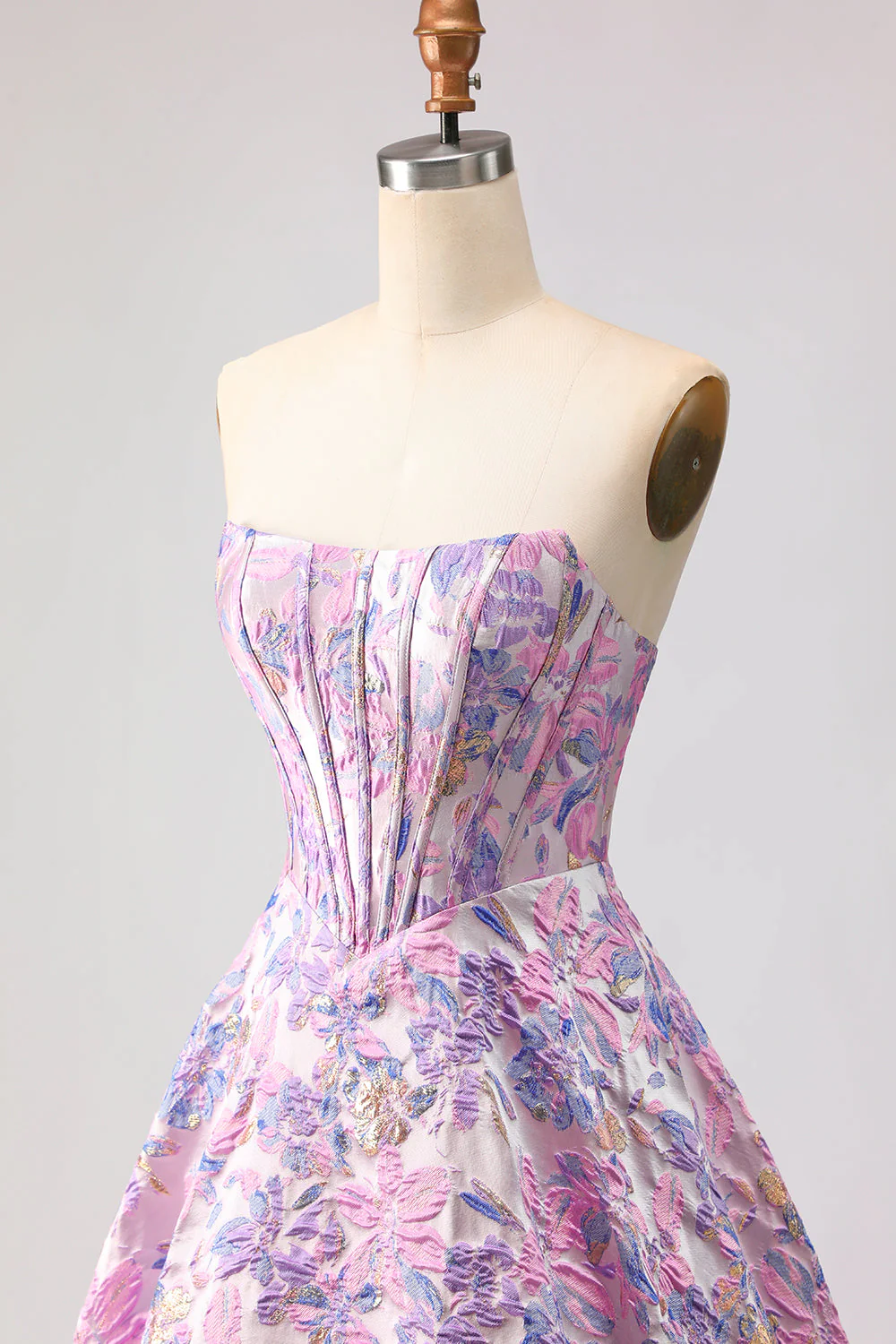 Lilac Strapless A-Line Satin Corset Jacquard Brocade Long Prom Dress - Image 6