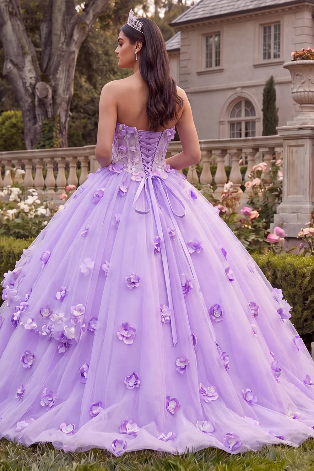 Lilac Strapless Corset Ball Gown Quinceanera Dress with 3D Flowers - Image 2