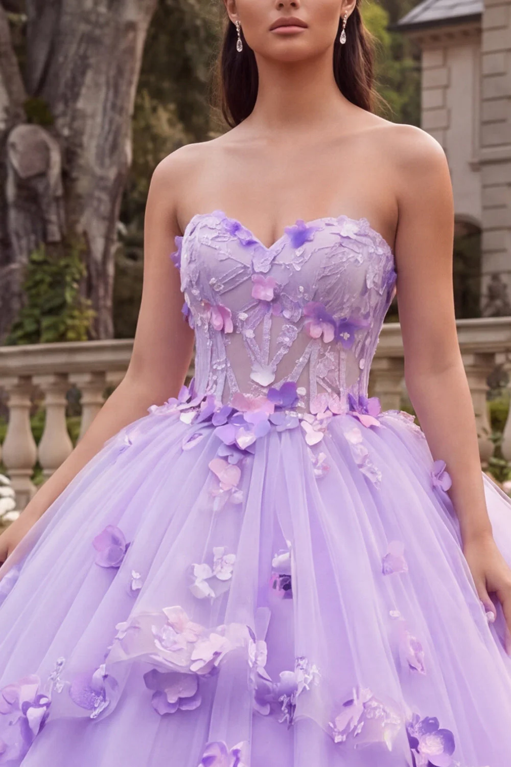 Lilac Strapless Corset Ball Gown Quinceanera Dress with 3D Flowers - Image 3
