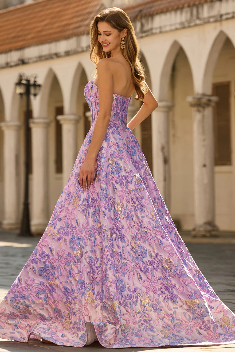 Lilac Strapless Jacquard A-Line Corset Brocade Long Prom Dress - Image 2
