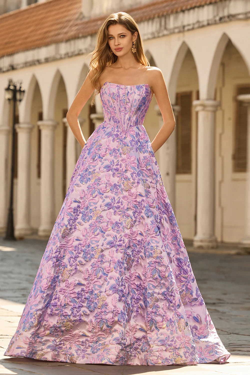 Lilac Strapless Jacquard A-Line Corset Brocade Long Prom Dress - Image 3