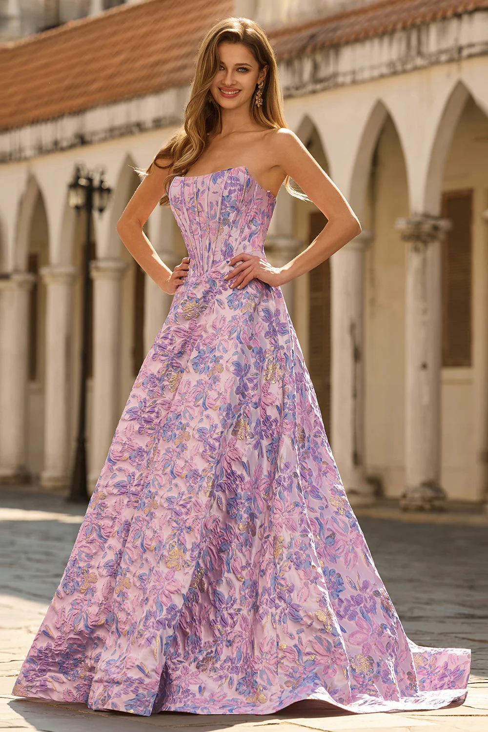 Lilac Strapless Jacquard A-Line Corset Brocade Long Prom Dress - Image 4