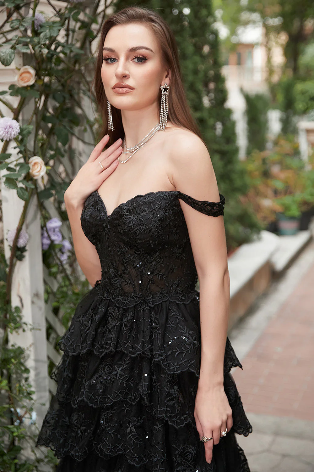 Long Off The Shoulder Black Tiered Prom Dress - Image 5