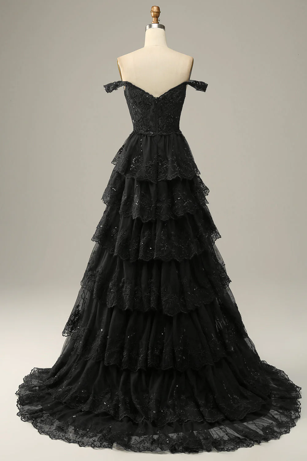 Long Off The Shoulder Black Tiered Prom Dress - Image 8