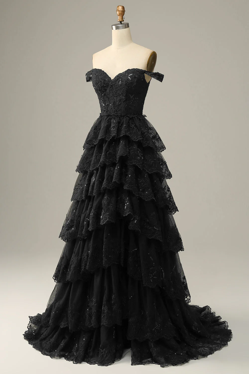 Long Off The Shoulder Black Tiered Prom Dress - Image 9