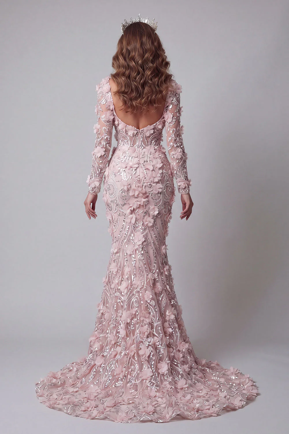 Blush Mermaid Long Sleeves Evening Dress with 3D Flowers - Image 2