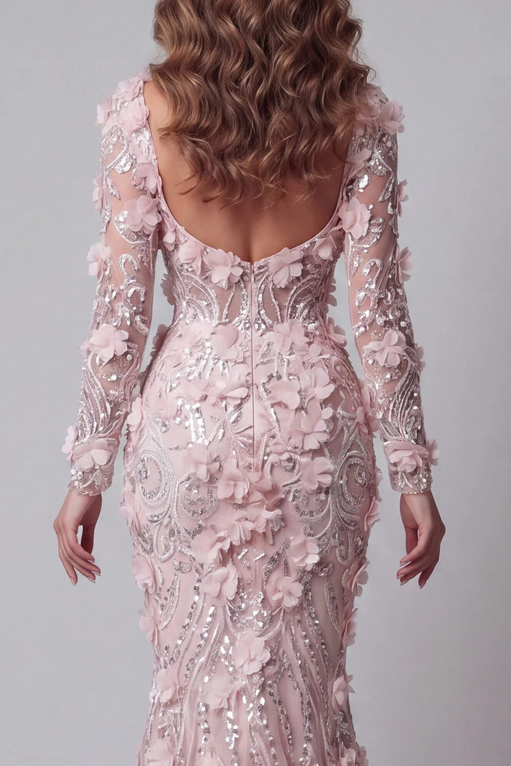 Blush Mermaid Long Sleeves Evening Dress with 3D Flowers - Image 4
