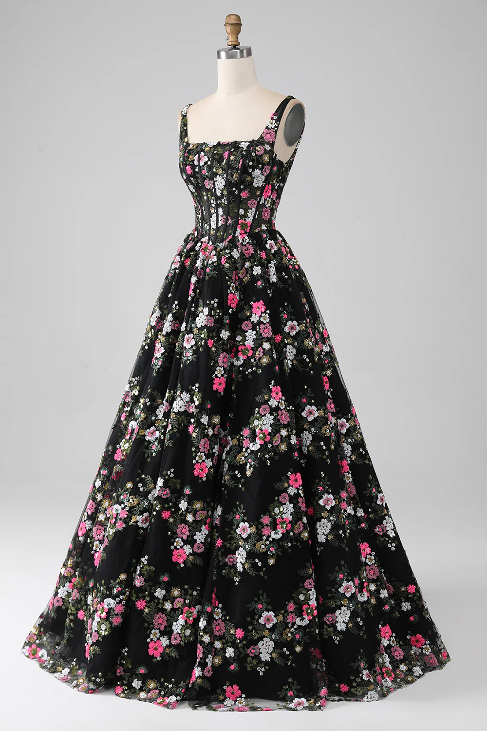 Luxurious A Line Square Neck Champagne Corset Prom Dress with Appliques - Image 11
