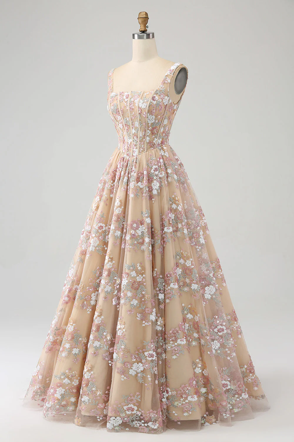 Luxurious A Line Square Neck Champagne Corset Prom Dress with Appliques - Image 5