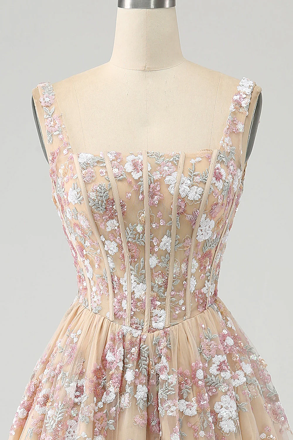 Luxurious A Line Square Neck Champagne Corset Prom Dress with Appliques - Image 6