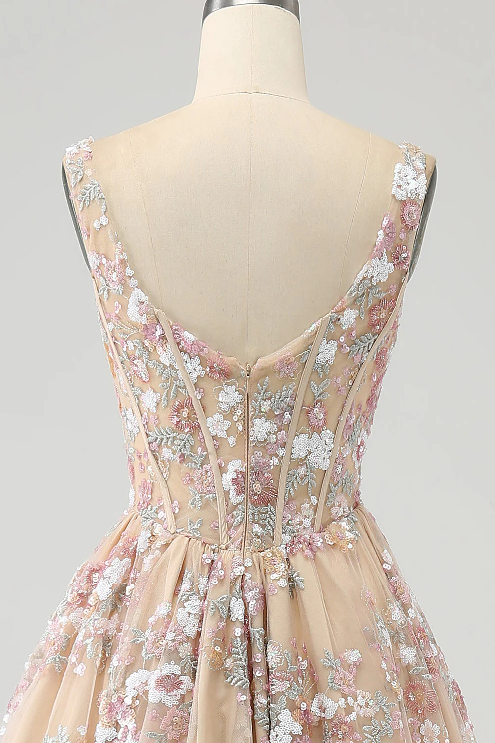 Luxurious A Line Square Neck Champagne Corset Prom Dress with Appliques - Image 7