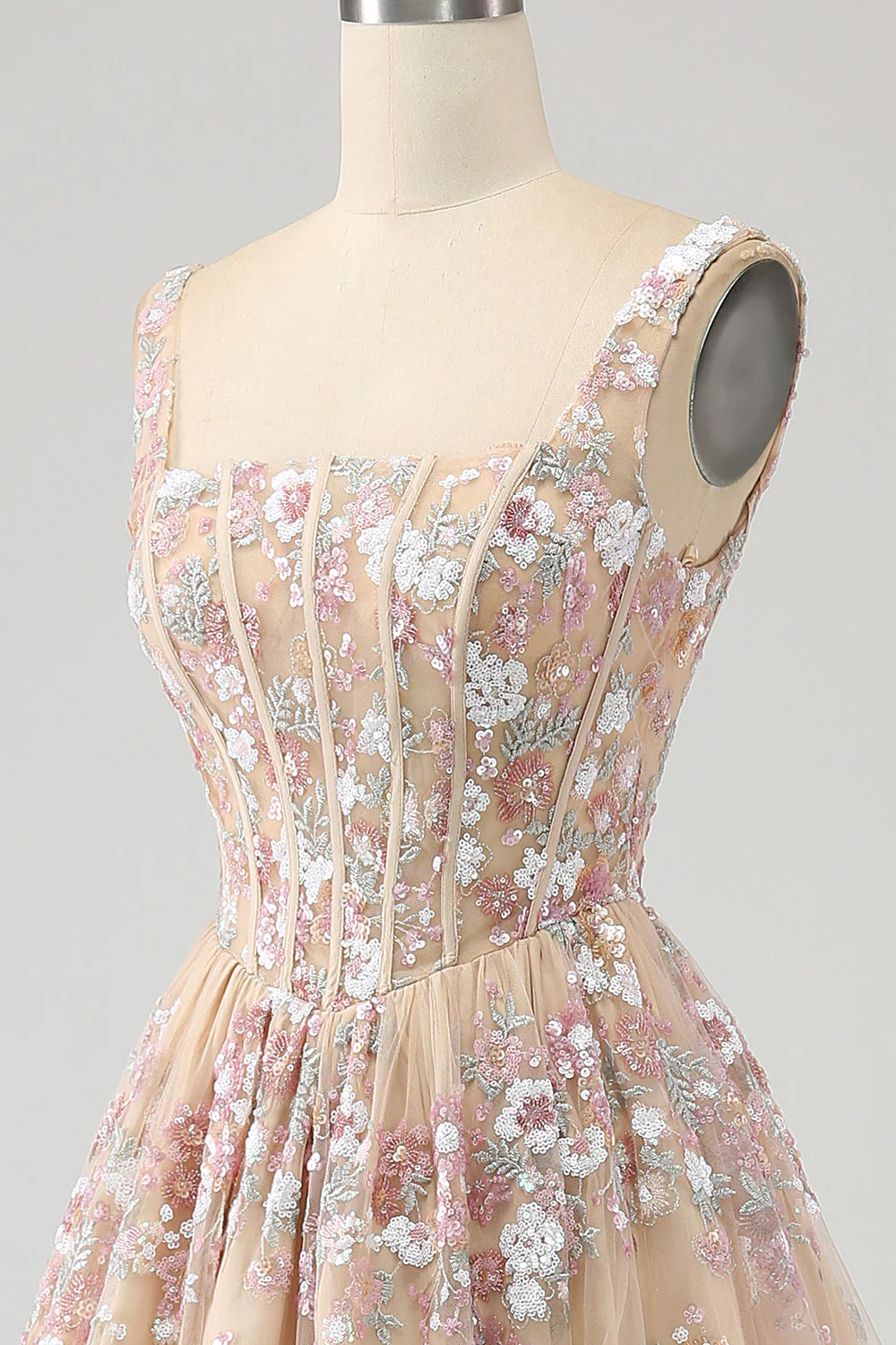 Luxurious A Line Square Neck Champagne Corset Prom Dress with Appliques - Image 8
