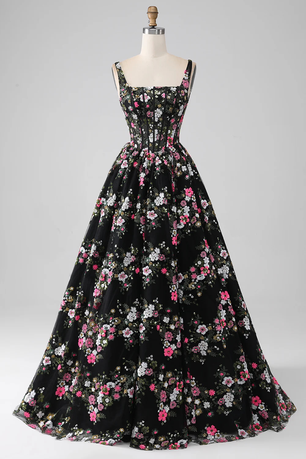 Luxurious A Line Square Neck Champagne Corset Prom Dress with Appliques - Image 9