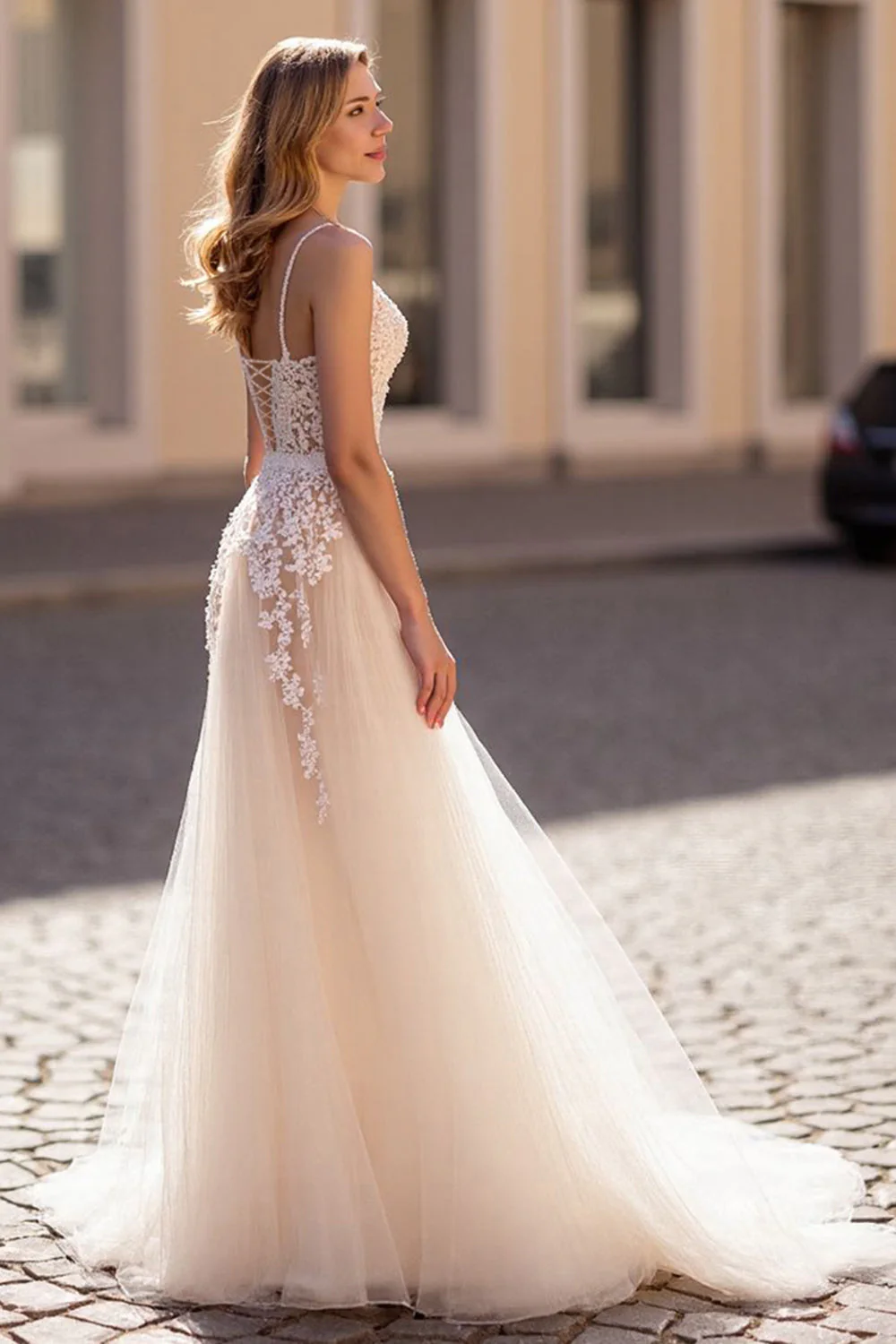 lvory A Line Appliqued Tulle Long Wedding Dress - Image 2