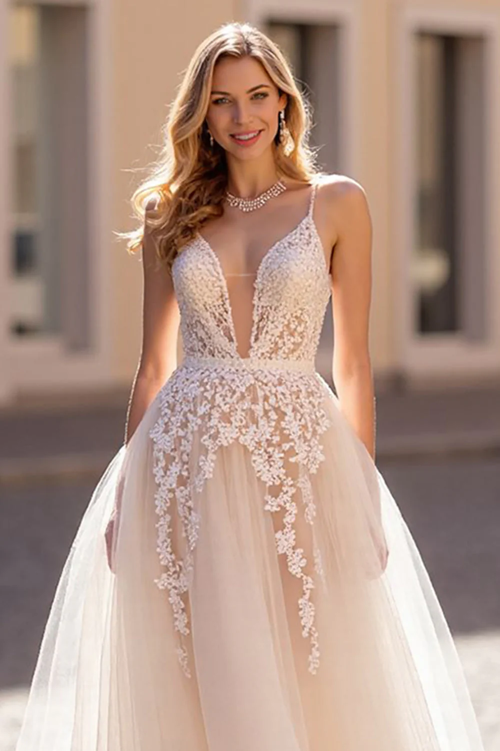 lvory A Line Appliqued Tulle Long Wedding Dress - Image 3