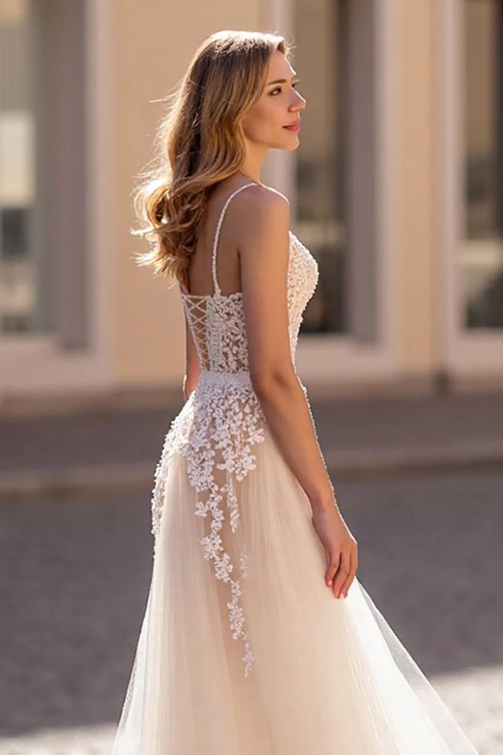 lvory A Line Appliqued Tulle Long Wedding Dress - Image 4