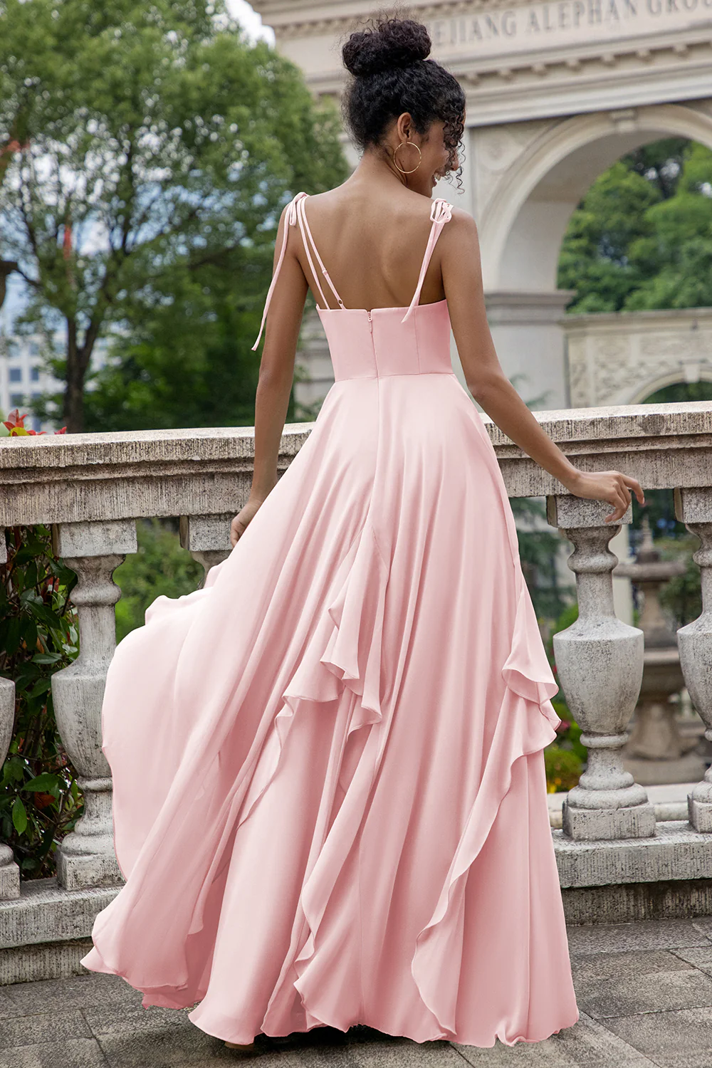 Matcha A Line Spaghetti Straps Long Bridesmaid Dress with Ruffles - Image 12