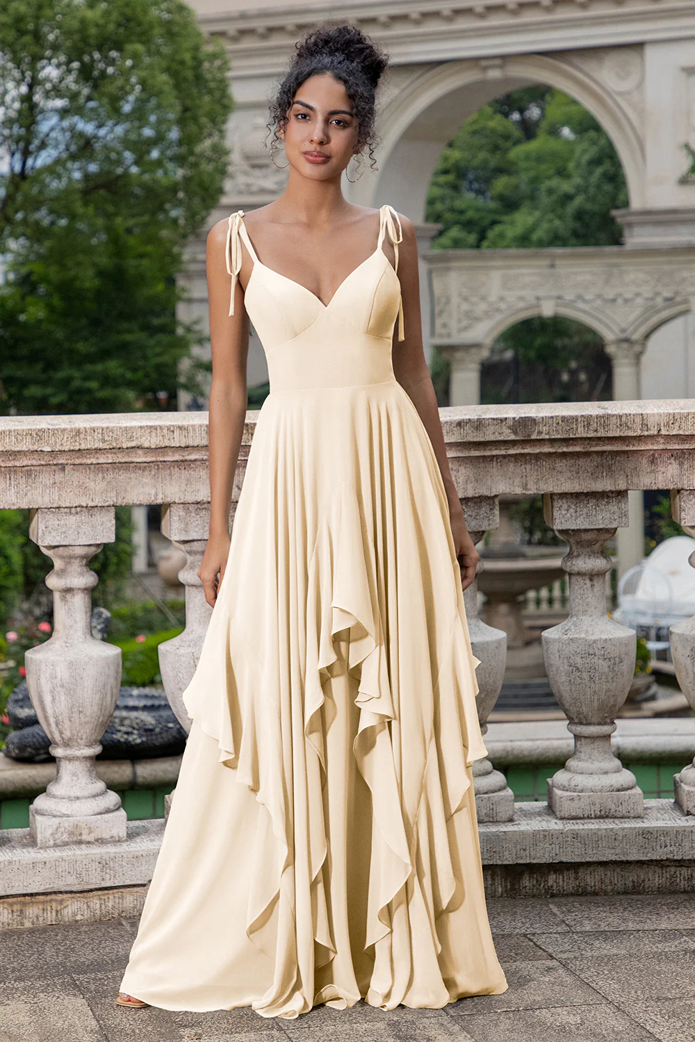 Matcha A Line Spaghetti Straps Long Bridesmaid Dress with Ruffles - Image 13