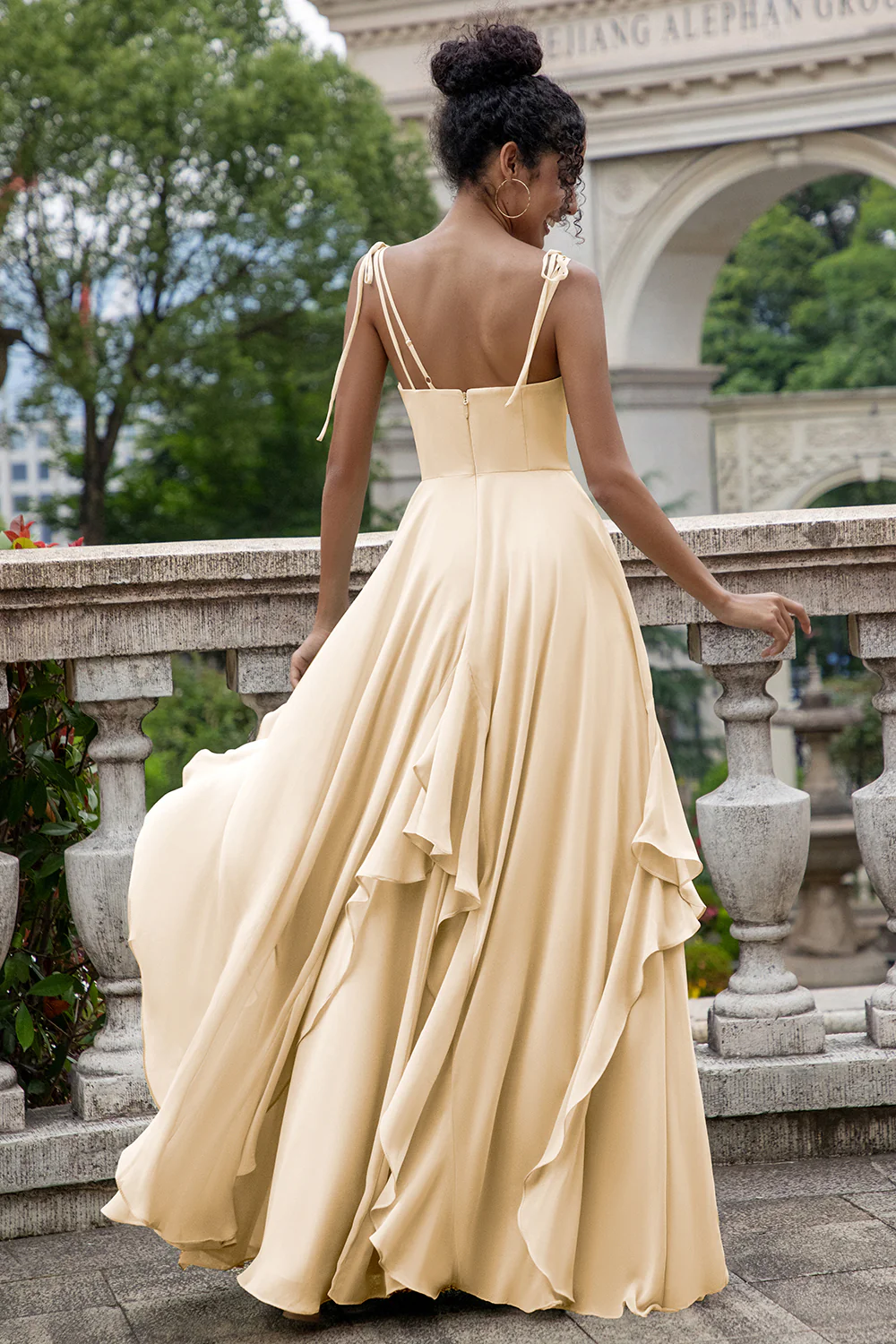 Matcha A Line Spaghetti Straps Long Bridesmaid Dress with Ruffles - Image 14
