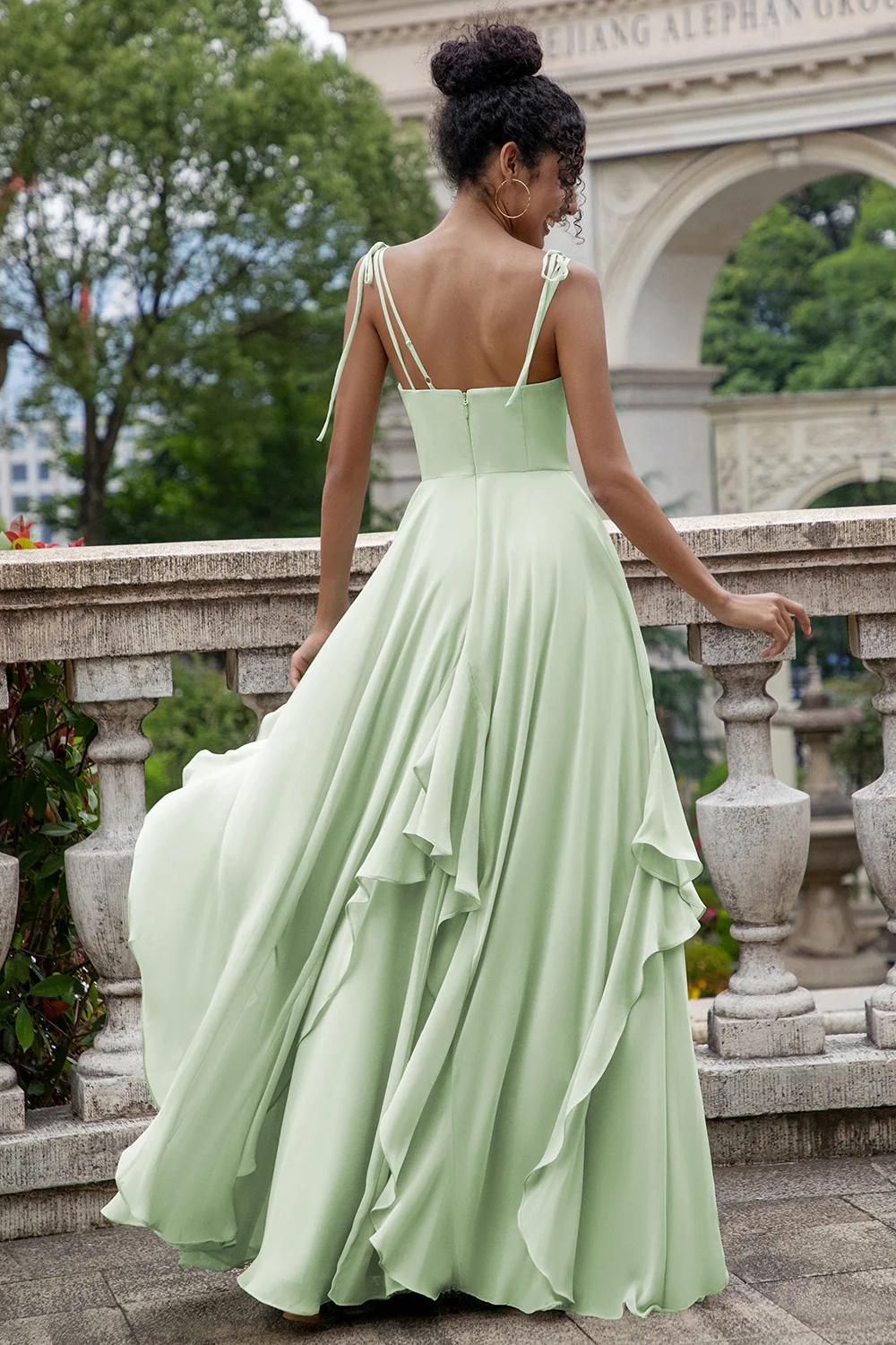Matcha A Line Spaghetti Straps Long Bridesmaid Dress with Ruffles - Image 18