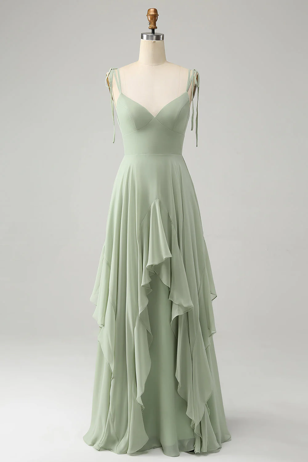 Matcha A Line Spaghetti Straps Long Bridesmaid Dress with Ruffles - Image 3
